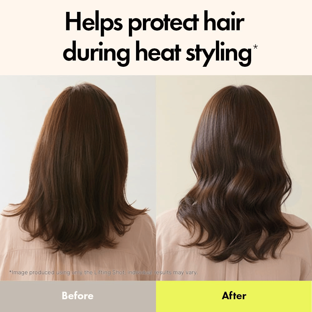 Voor- en nafoto die het effect van Grabity Hair Lifting Shot toont. Het haar ziet er voller, meer gedefinieerd en beter beschermd uit bij warmtestyling na gebruik.