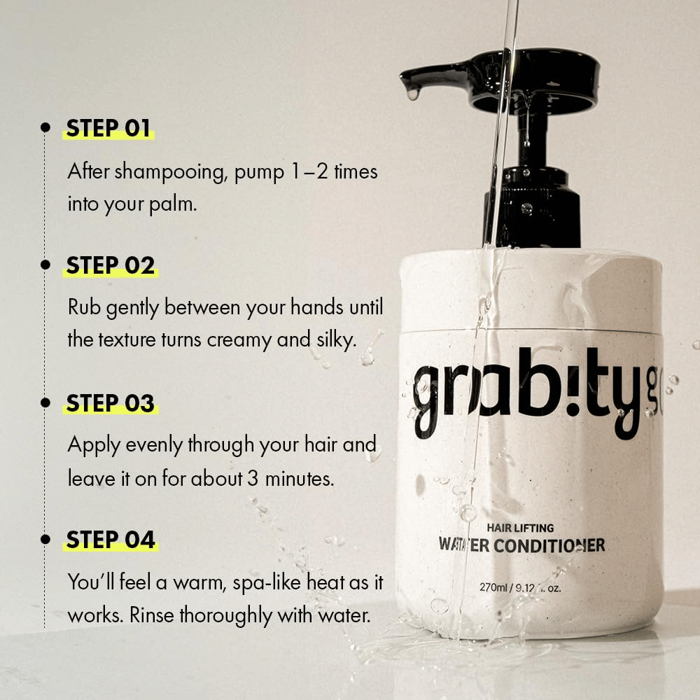 Instructieafbeelding voor Grabity Hair Lifting Water Conditioner die laat zien hoe het product na het wassen met shampoo wordt gebruikt om verzorging, glans en een voller ogende haardos te geven.