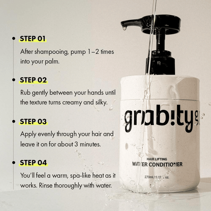 Instructieafbeelding voor Grabity Hair Lifting Water Conditioner die laat zien hoe het product na het wassen met shampoo wordt gebruikt om verzorging, glans en een voller ogende haardos te geven.