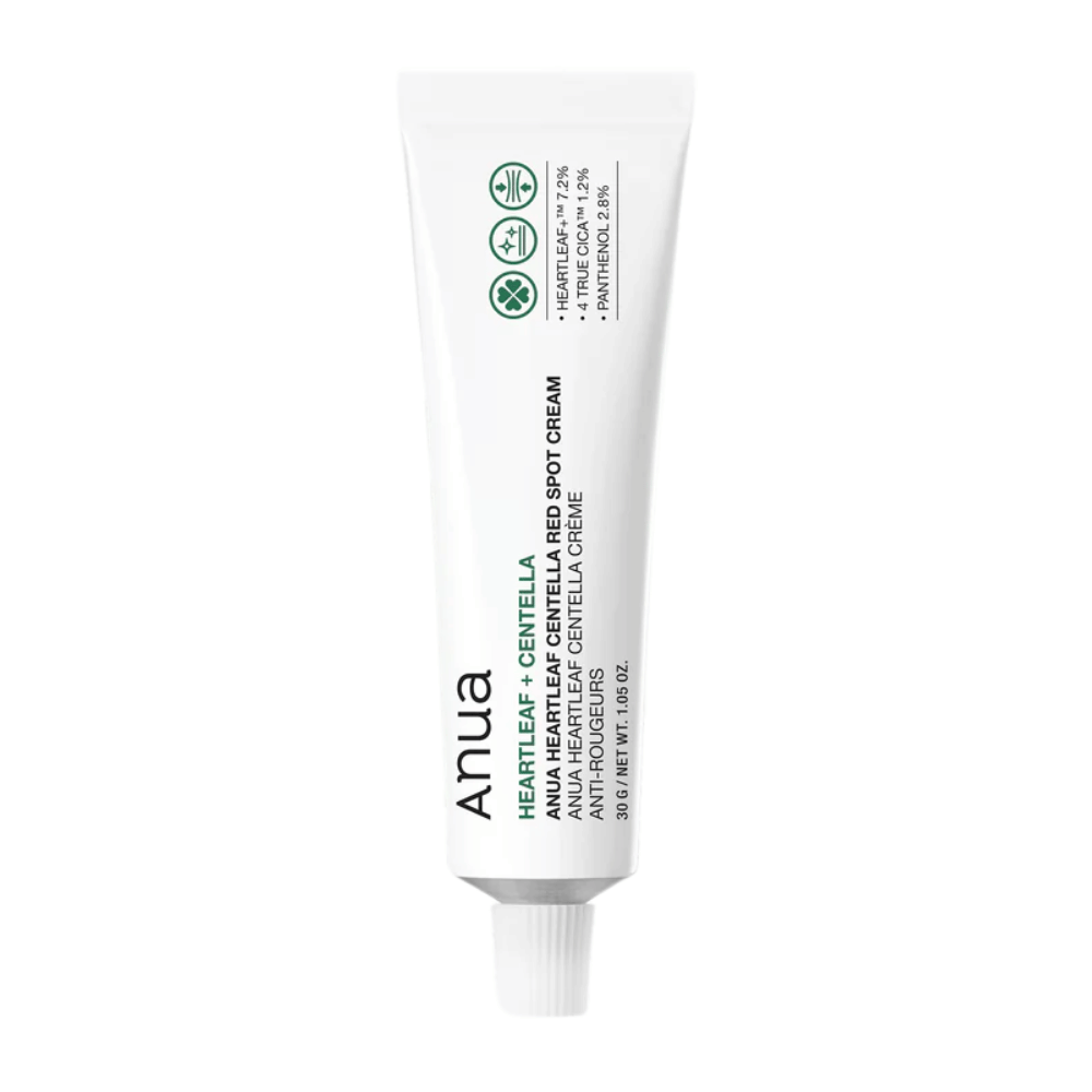 Anua Heartleaf Centella Red Spot Cream in witte tube, een spotbehandelende crème met centella om de huid te kalmeren en de vochtbarrière te versterken.