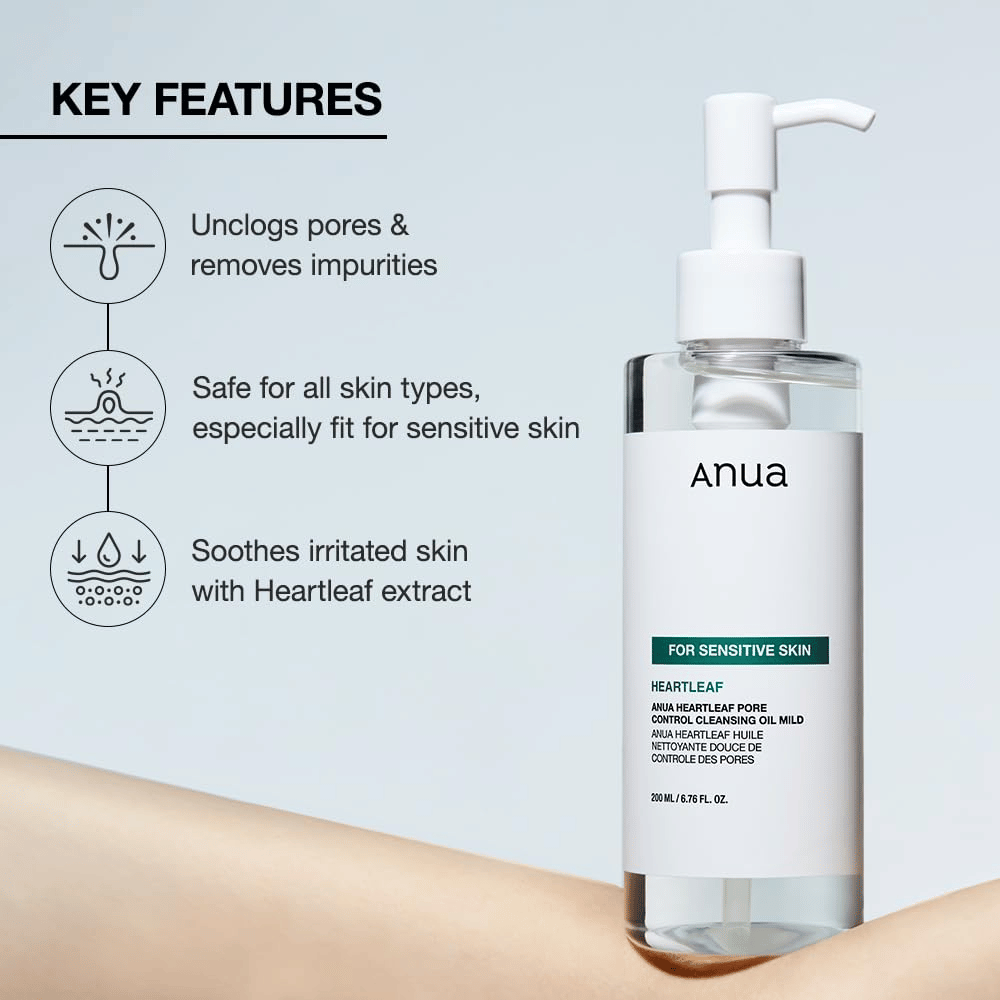 Anua Heartleaf Pore Control Cleansing Oil Mild is een milde reinigingsolie voor alle huidtypes, bijzonder geschikt voor de gevoelige huid. Het helpt om: Onzuiverheden te verwijderen en de poriën te reinigen. Geïrriteerde huid te kalmeren met behulp van heartleaf-extract. Het is veilig voor alle huidtypes en speciaal aangepast om mild en effectief te zijn.