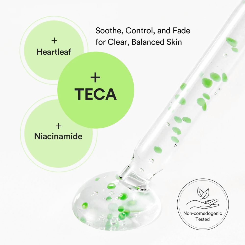 Productillustratie die de combinatie van Heartleaf, TECA en niacinamide toont om de huid in balans te brengen, olie te reguleren en zichtbare huidproblemen te verminderen.