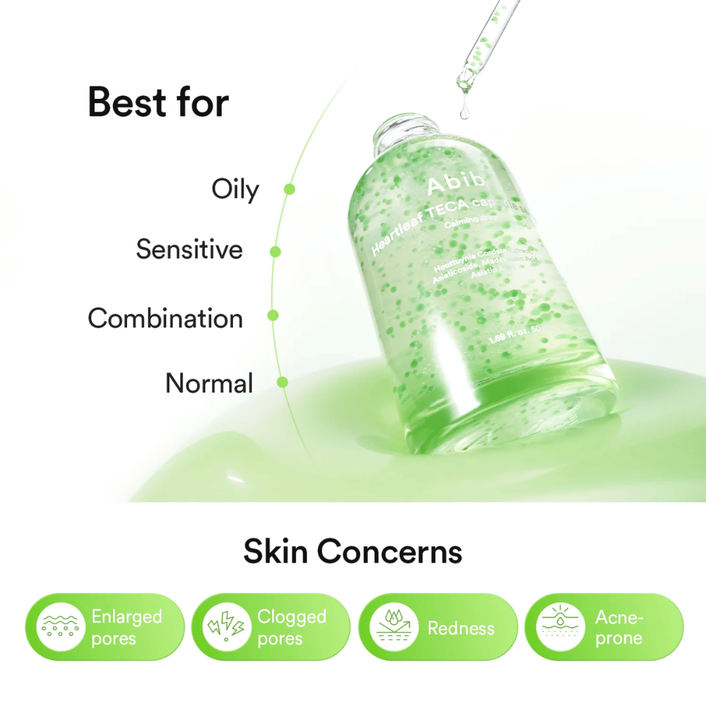 Informatiebeeld dat toont dat Abib Heartleaf TECA Capsule Serum geschikt is voor een vette, gevoelige, gecombineerde en normale huid en gericht is op poriën, roodheid en een acnegevoelige huid.