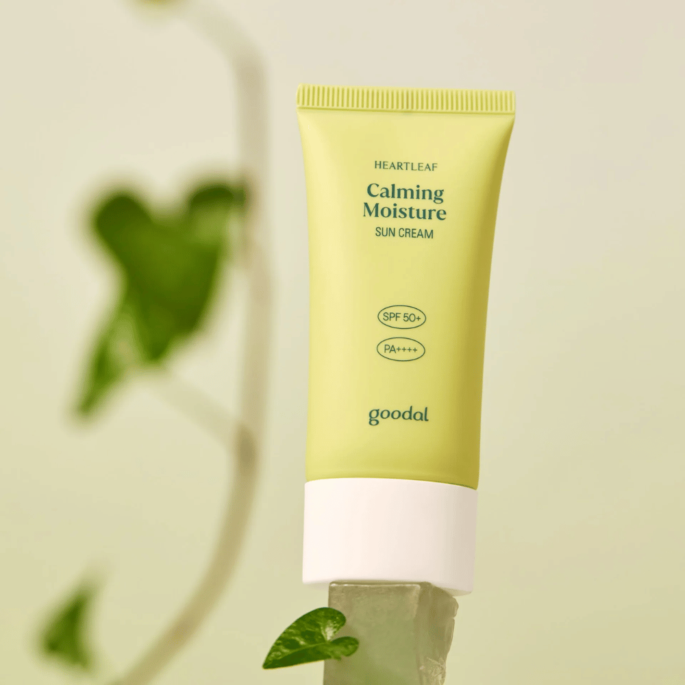 Goodal Heartleaf Calming Moisture Sun Cream SPF50+ PA++++ geplaatst op een glasplaat met groene plant op de achtergrond - een kalmerende zonnebrandcrème voor de gevoelige huid.