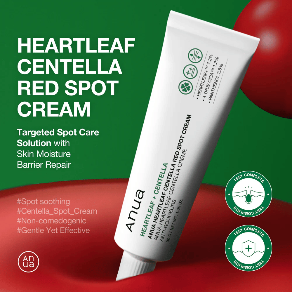 Anua Heartleaf Centella Red Spot Cream in witte tube gepresenteerd tegen groene achtergrond, met focus op spotbehandeling, vochtbarrièreherstel en geteste milde formule.
