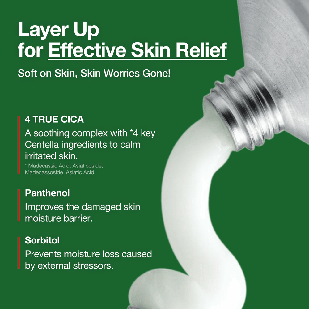 Anua Heartleaf Centella Red Spot Cream met witte crème geperst uit tube, gemarkeerde ingrediënten zoals 4 True Cica, Panthenol en Sorbitol voor kalmerend en hydraterend effect.