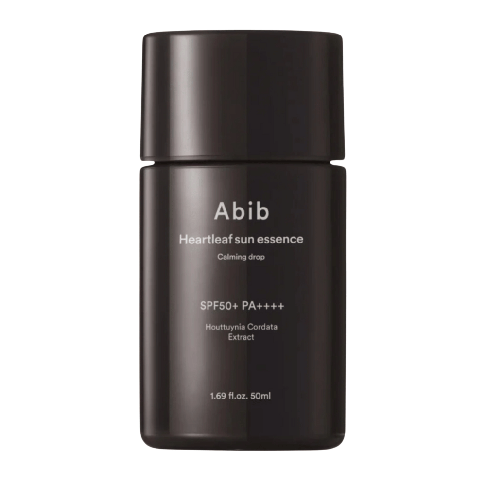 Productafbeelding van Abib Heartleaf Sun Essence Calming Drop in zwarte verpakking met witte tekst en SPF50+ PA++++, 50 ml.