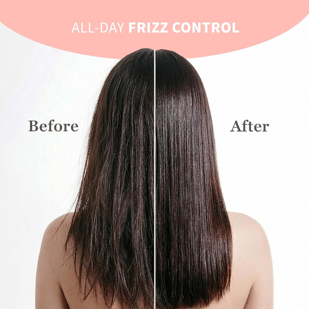 TOCOBO Heat Proof Hair Mist #01 Lowkey Famous – voor en na met pluiscontrole en gladder haar