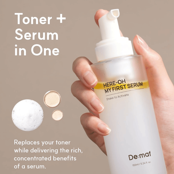 Toont hoe het product toner en serum in één stap combineert voor eenvoudige en effectieve huidverzorging.