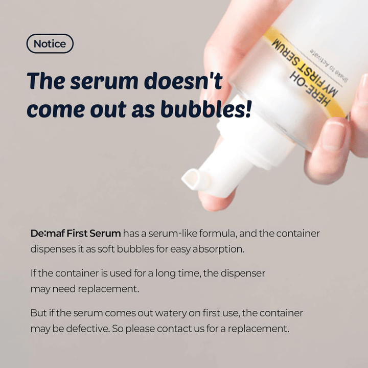 Informatieve afbeelding die uitlegt dat De:maf Here-Oh My First Serum een serumachtige formule heeft die als zachte belletjes wordt gedoseerd voor snelle absorptie.