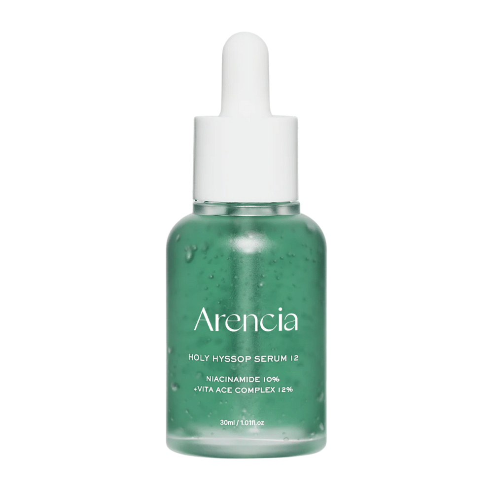 Arencia Holy Hyssop Serum 12 in groene glazen fles met pipet, gezichtsserum met niacinamide 10% en vitamine ACE-complex 12%.
