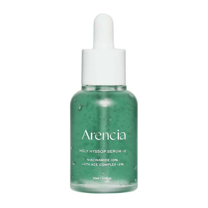 Arencia Holy Hyssop Serum 12 in groene glazen fles met pipet, gezichtsserum met niacinamide 10% en vitamine ACE-complex 12%.