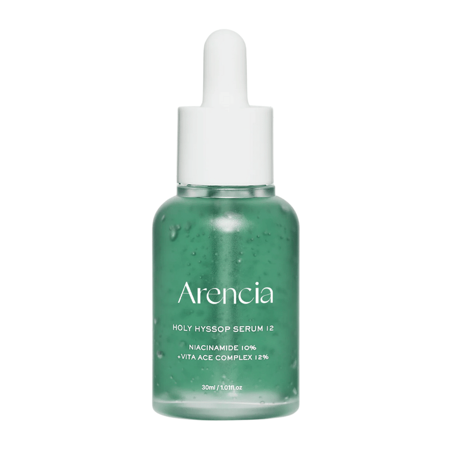 Arencia Holy Hyssop Serum 12 in groene glazen fles met pipet, gezichtsserum met niacinamide 10% en vitamine ACE-complex 12%.