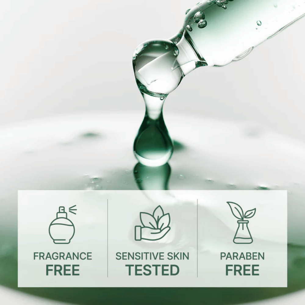 Druppelend serum uit pipet met iconen die parfumvrij, getest voor gevoelige huid en parabenenvrije formule tonen.
