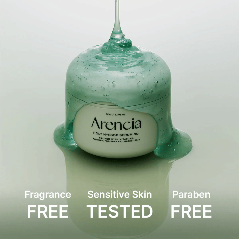 Arencia Holy Hyssop Serum 30 – näringsrikt gelserum med vitaminer, fri från parfym och parabener, dermatologiskt testat för känslig hud.