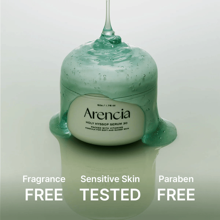 Arencia Holy Hyssop Serum 30 – näringsrikt gelserum med vitaminer, fri från parfym och parabener, dermatologiskt testat för känslig hud.