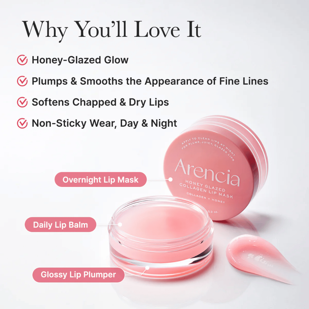 Productafbeelding met geopende pot en applicator die voordelen benadrukt zoals honey-glazed glow, zachtere lippen en aangenaam gebruik zowel overdag als 's nachts.