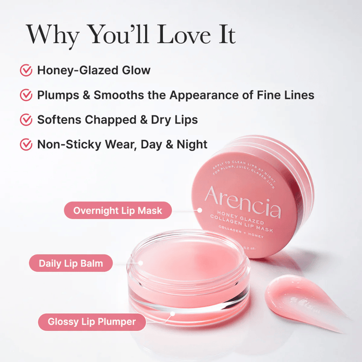 Productafbeelding met geopende pot en applicator die voordelen benadrukt zoals honey-glazed glow, zachtere lippen en aangenaam gebruik zowel overdag als 's nachts.