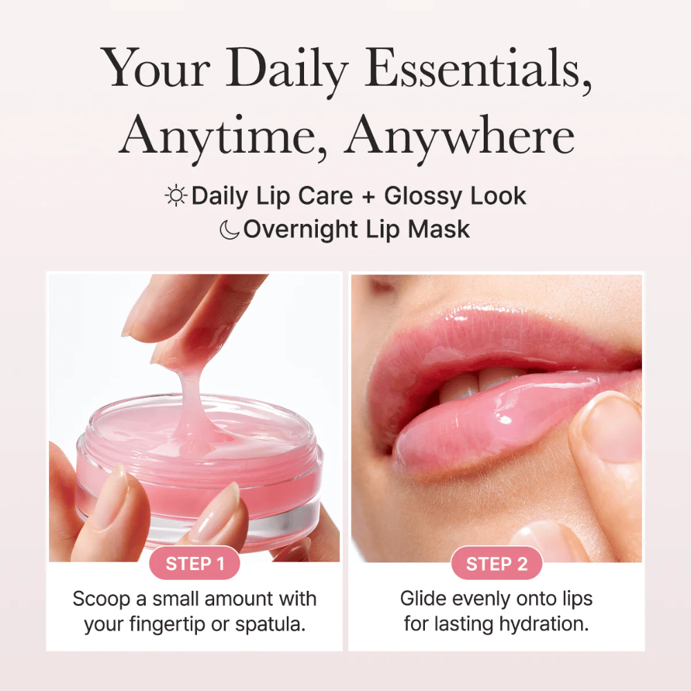 Instructiebeeld dat laat zien hoe het lipmasker overdag en 's nachts wordt gebruikt. Eerst wordt een kleine hoeveelheid aangebracht met een vinger of spatel, daarna wordt het product gelijkmatig over de lippen verdeeld voor langdurige hydratatie en glans.