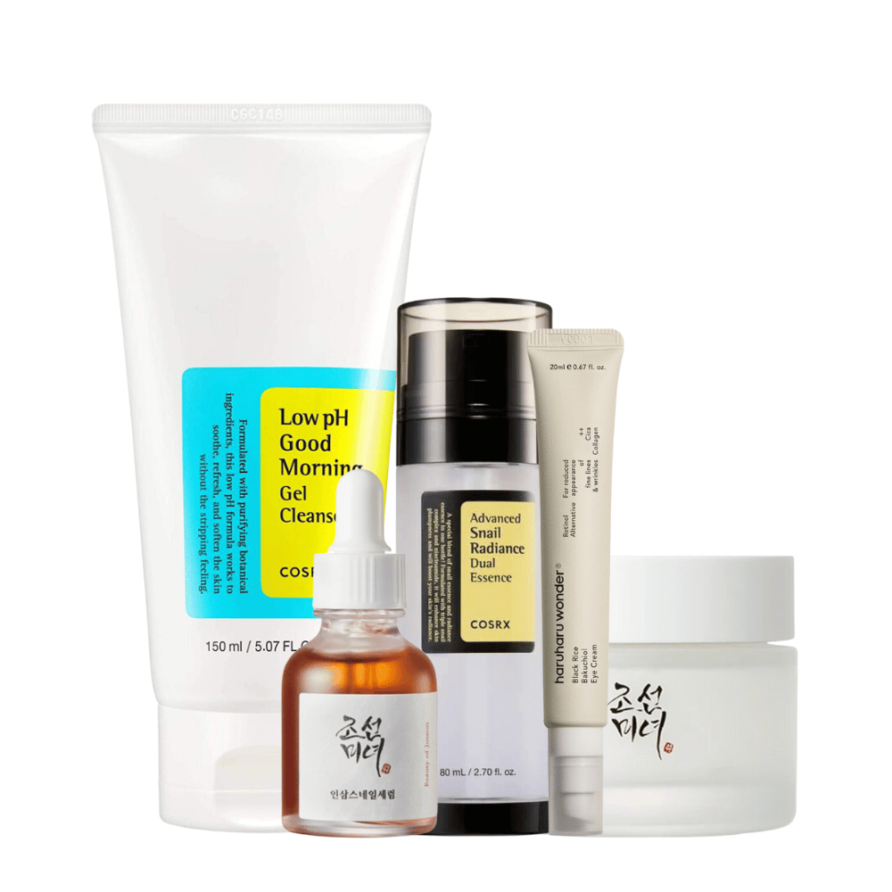 Een selectie van K-Beauty Mature Skin Time Revers Kit voor ouderdomstekenen op witte achtergrond.