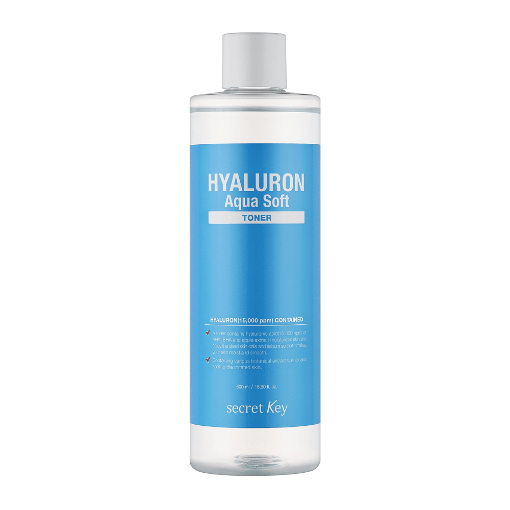 Secret Key Hyaluron Aqua Soft Toner – hydraterende toner met hyaluronzuur die de huid zacht, glad en verfrist maakt met een natuurlijke glans.