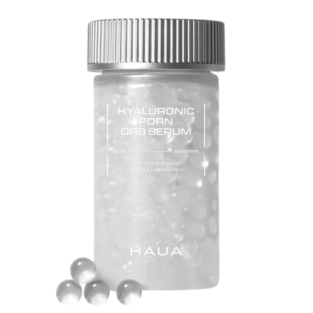 Productafbeelding van HAUA Hyaluronic PDRN Orb Serum op een witte achtergrond. De transparante houder is gevuld met serumbolletjes en benadrukt de unieke ingekapselde formule van het product.