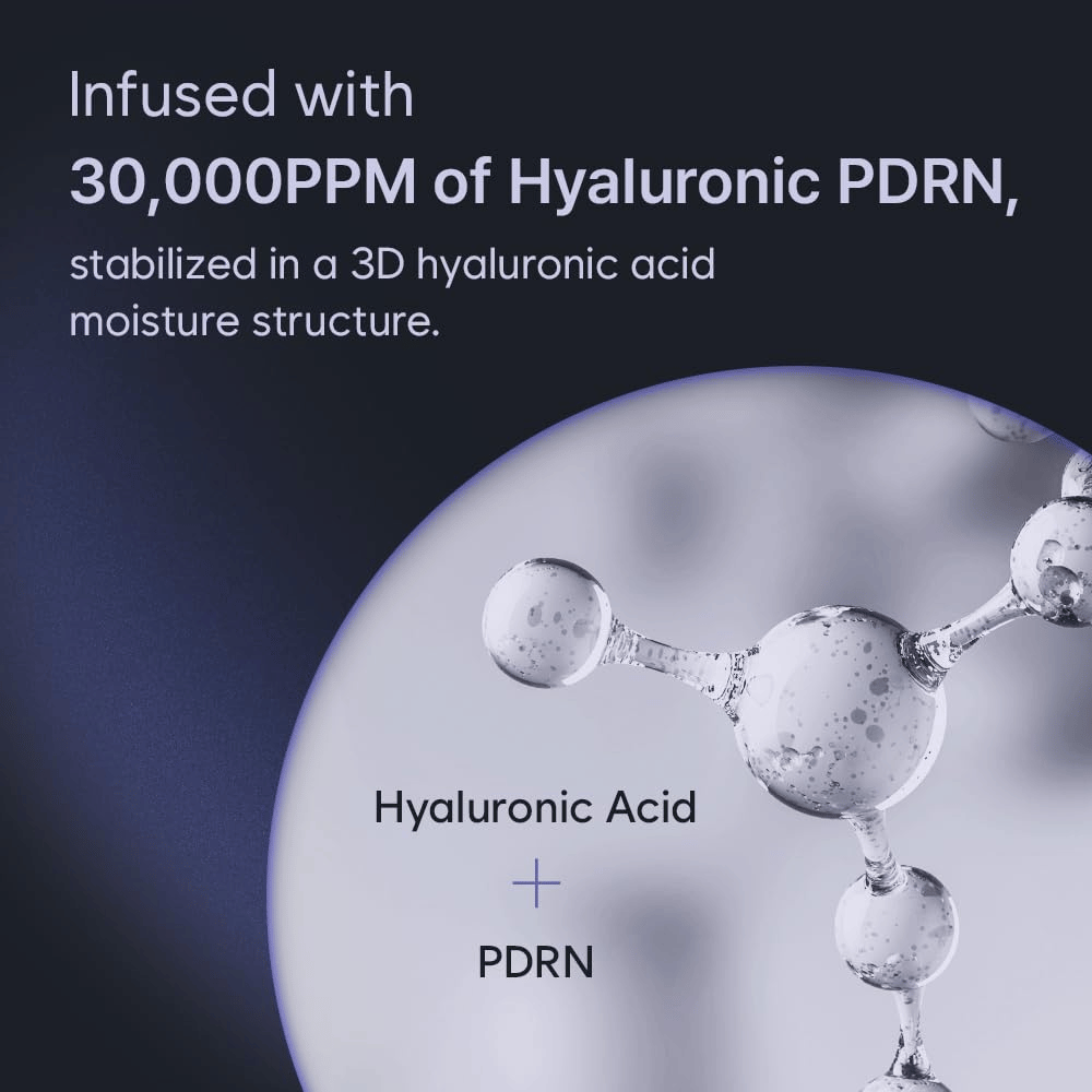 Grafische illustratie van hyaluronzuur en PDRN in een driedimensionale vochtstructuur. De afbeelding benadrukt de hoge concentratie Hyaluronic PDRN van het product en de hydraterende technologie ervan.