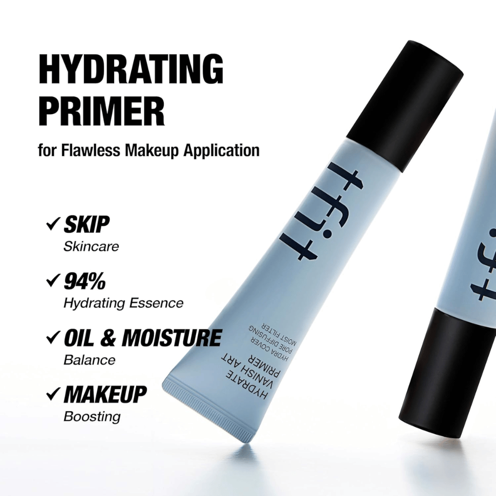 TFIT Hydrate Vanish Art Primer wordt getoond met informatieve tekst over de voordelen van het product, inclusief 94% hydraterende essentie en oliebalans – ontwikkeld voor een egalere make-upbasis.