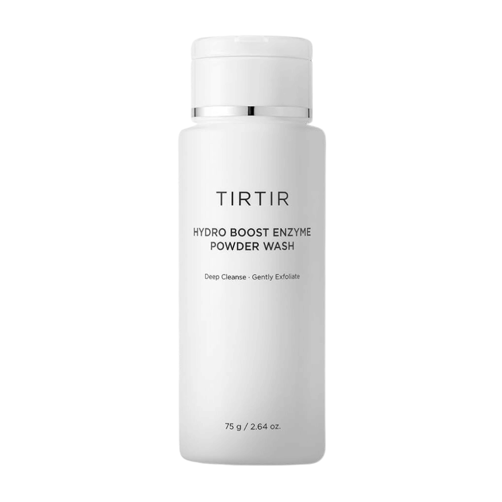 Een witte, gladde fles van TIRTIR Hydro Boost Enzyme Powder Wash. De tekst op de fles beschrijft het product als een diep reinigende en mild exfoliërende gezichtsreiniger. De grootte wordt aangegeven als 75 g / 2.64 oz.