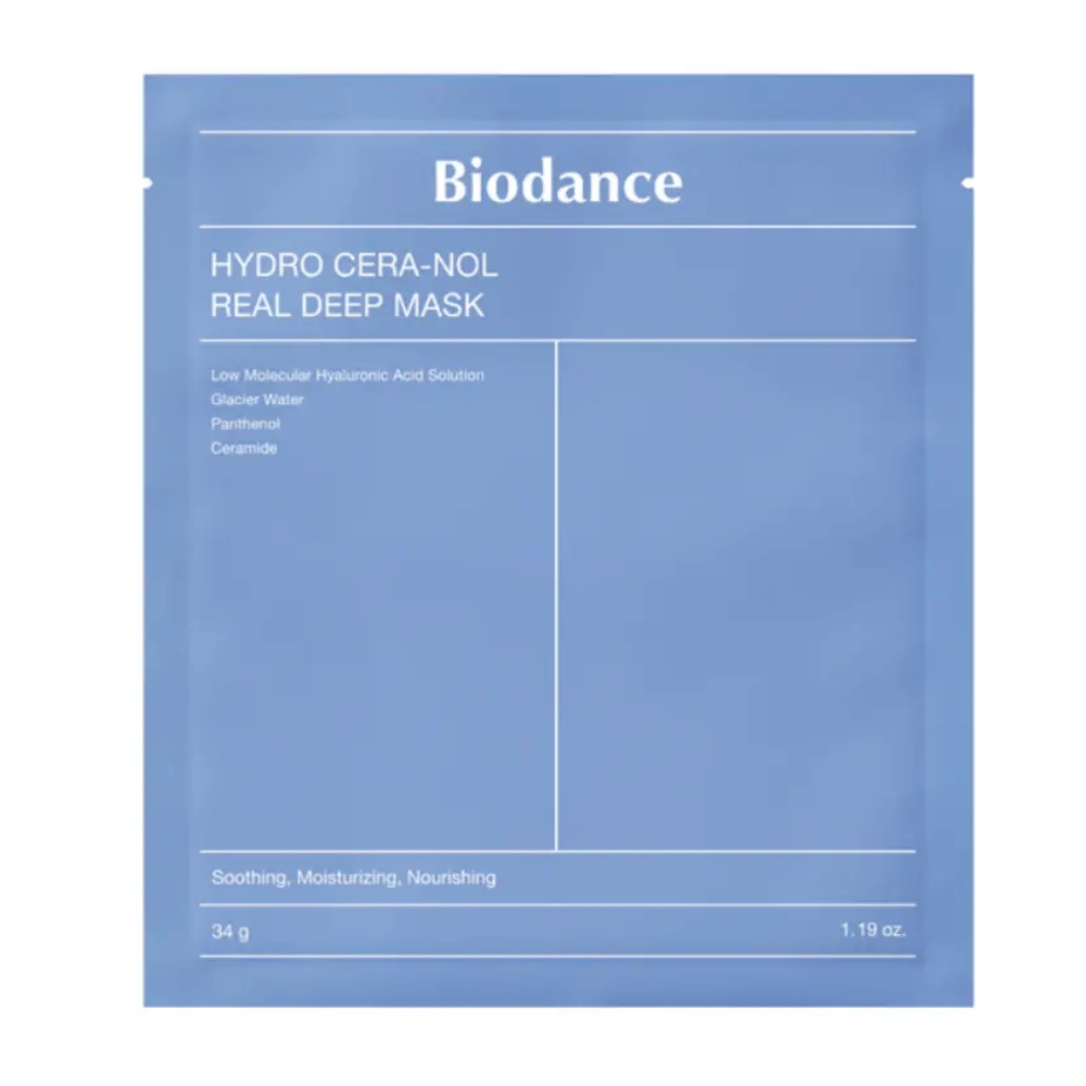 De verpakking toont "Biodance Hydro Cera-Nol Real Deep Mask". Het is een kalmerend, hydraterend en voedend gezichtsmasker dat lage moleculaire hyaluronzuur, gletsjerwater, panthenol en ceramiden bevat. Het ontwerp is eenvoudig in een kalmerende blauwe tint.