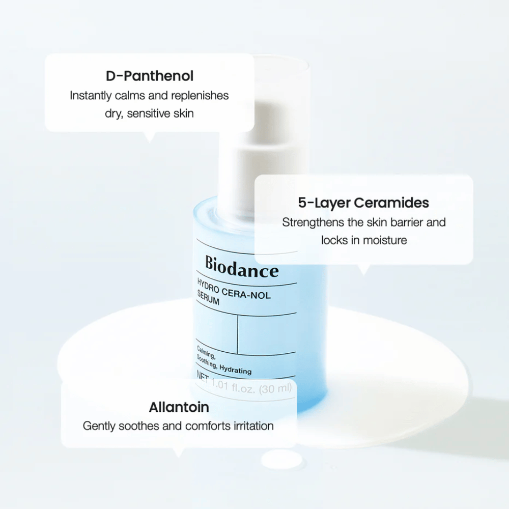 D-Panthenol – Kalmeert en hydrateert gevoelige huid.
5-lagen ceramiden – Versterkt de huidbarrière en sluit vocht in.
Allantoïne – Verzacht en vermindert irritatie.