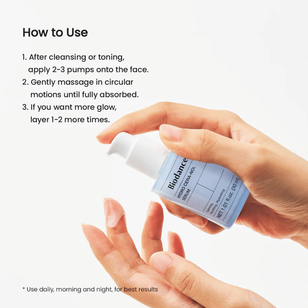 Na reiniging of toner, breng 2–3 pompjes aan op het gezicht. Masseer zachtjes in cirkelvormige bewegingen tot het serum volledig is opgenomen. Voor extra glans, breng nog 1–2 lagen aan. Gebruik 's morgens en 's avonds.