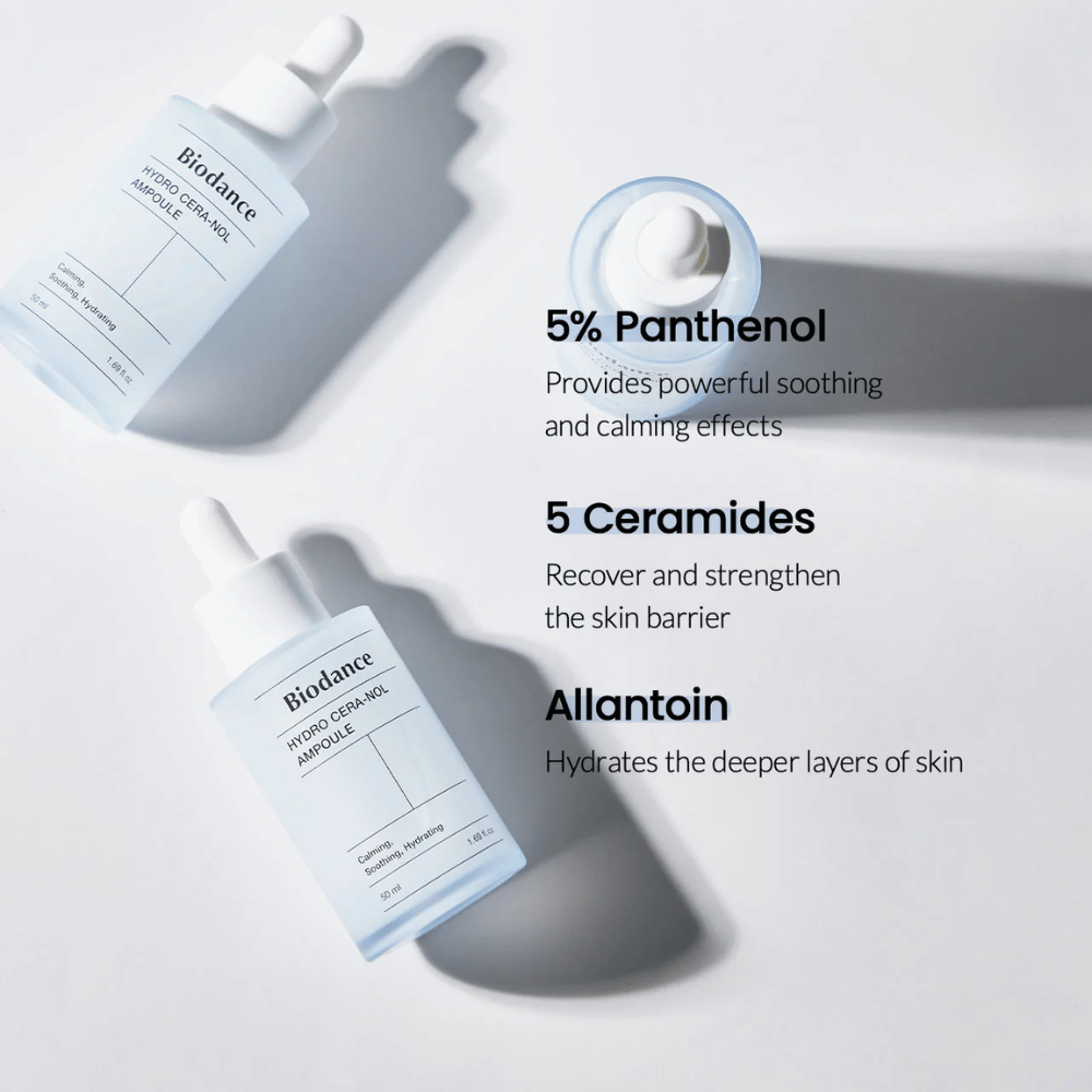 Biodance Hydro Cera-Nol Ampoule – Intensieve hydratatie en versterking van de huidbarrière.

💙 5% Panthenol – Kalmeert en vermindert huidirritatie.
🛡️ 5 Ceramiden – Herstelt en versterkt de beschermende barrière van de huid.
💧 Allantoïne – Diep hydraterend voor een zachtere huid.

Perfect voor gevoelige en droge huid die extra verzorging nodig heeft!