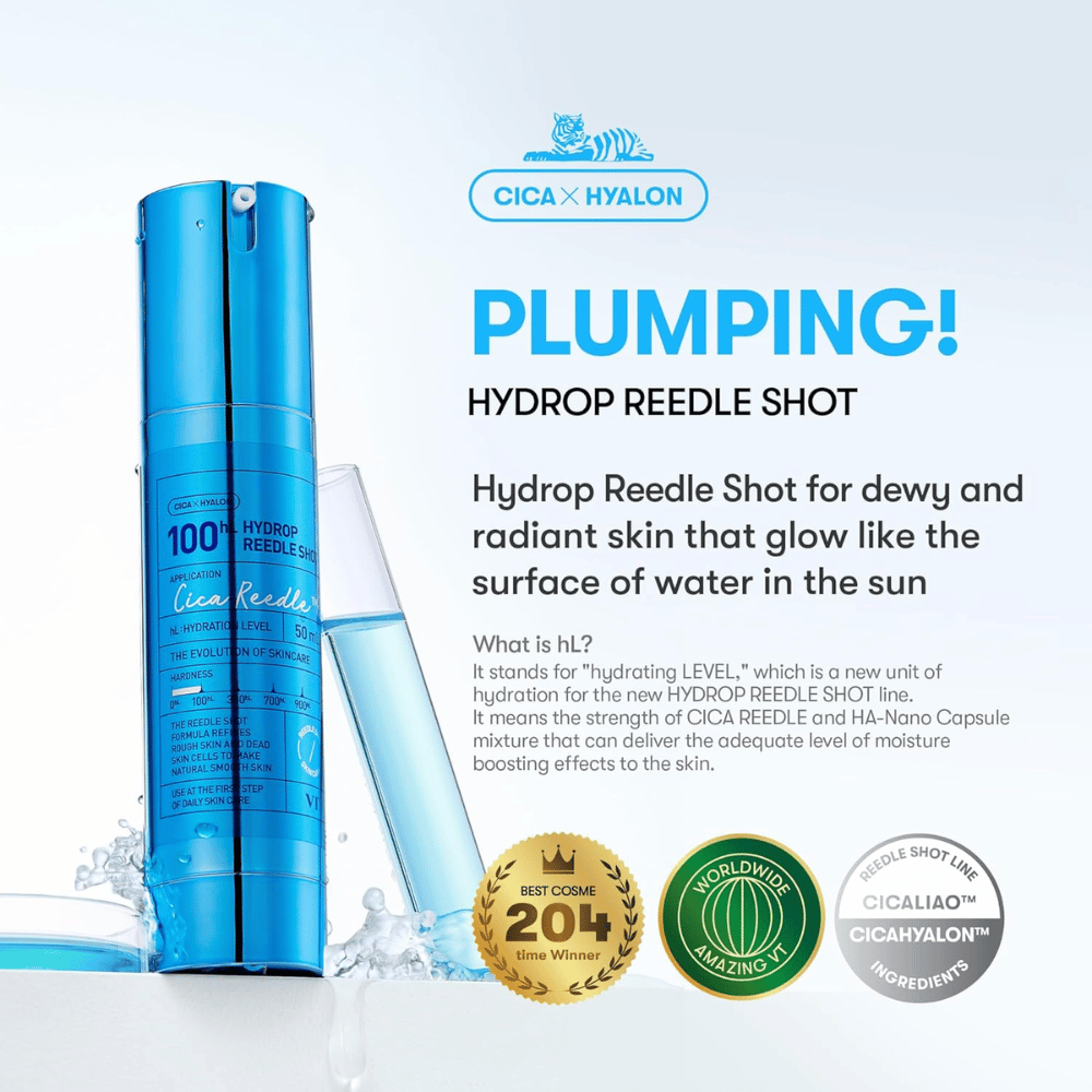 Blauwe fles VT Cica Hyalon Hydrop Reedle Shot 100hL met transparante pipet, tekst over hydraterend effect en huidglans, en drie emblemen die de onderscheidingen en ingrediënten van het product benadrukken.