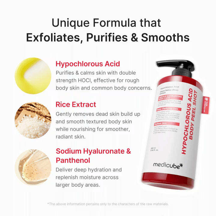 Ingrediëntenafbeelding voor Medicube Hypochlorous Acid Body Peel Shot die hypochloorzuur, rijstextract, sodium hyaluronate en panthenol benadrukt voor exfoliatie en hydratatie.