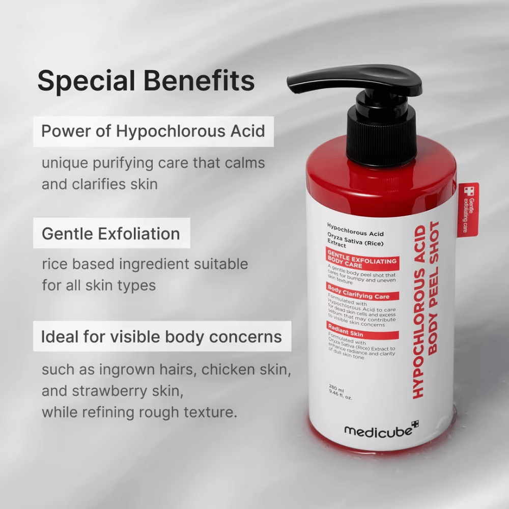 Informatieafbeelding voor Medicube Hypochlorous Acid Body Peel Shot met focus op hypochloorzuur, milde exfoliatie en verzorging voor bobbelige en ongelijke lichaamshuid.