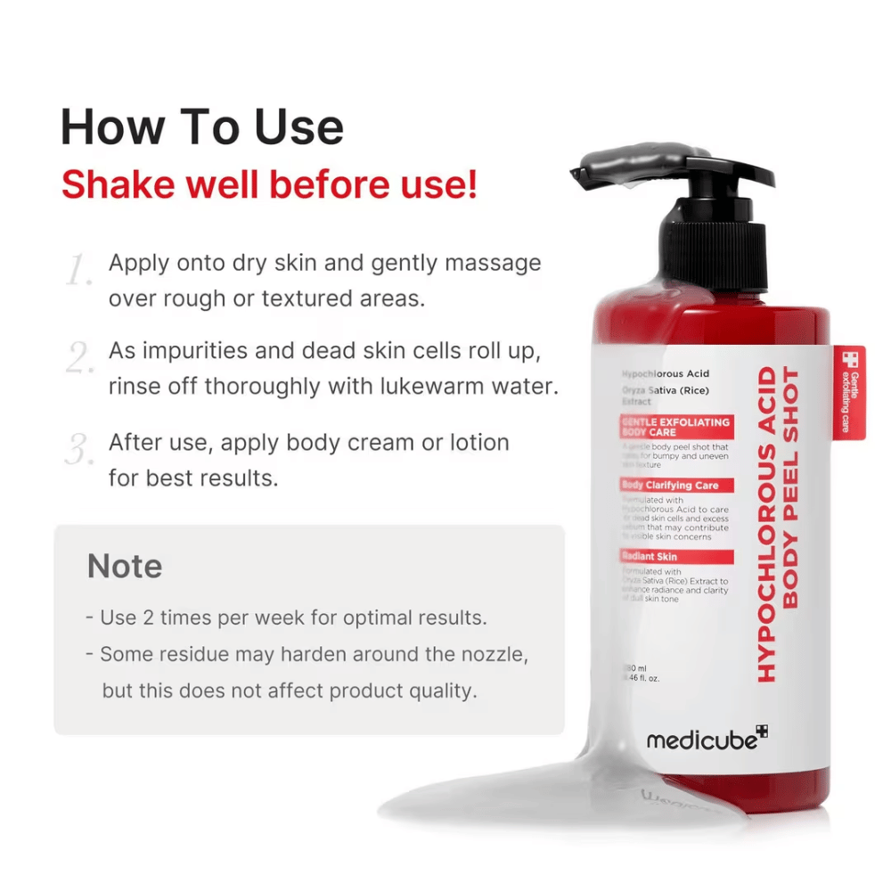 Instructieafbeelding voor Medicube Hypochlorous Acid Body Peel Shot die stap voor stap laat zien hoe de lichaamspeeling wordt gebruikt voor exfoliatie en een zachtere huid.