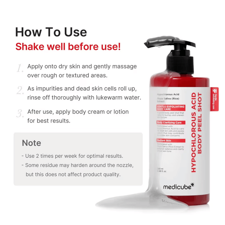 Instructieafbeelding voor Medicube Hypochlorous Acid Body Peel Shot die stap voor stap laat zien hoe de lichaamspeeling wordt gebruikt voor exfoliatie en een zachtere huid.