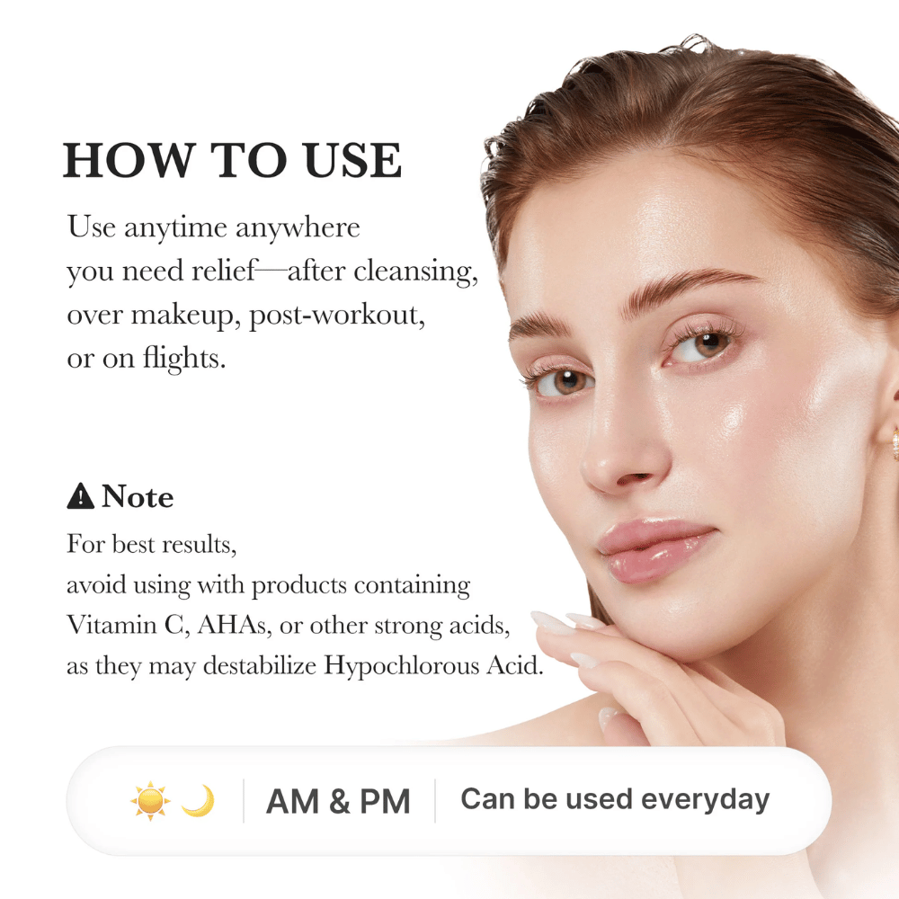 Gebruiksaanwijzing met een model met gehydrateerde en stralende huid. De afbeelding legt uit dat de spray kan worden gebruikt na het reinigen, over make-up, na het sporten of tijdens het reizen. Ook bevat deze informatie over het vermijden van gebruik in combinatie met sterke zuren zoals AHA en vitamine C.