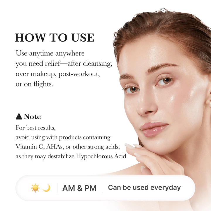 Gebruiksaanwijzing met een model met gehydrateerde en stralende huid. De afbeelding legt uit dat de spray kan worden gebruikt na het reinigen, over make-up, na het sporten of tijdens het reizen. Ook bevat deze informatie over het vermijden van gebruik in combinatie met sterke zuren zoals AHA en vitamine C.