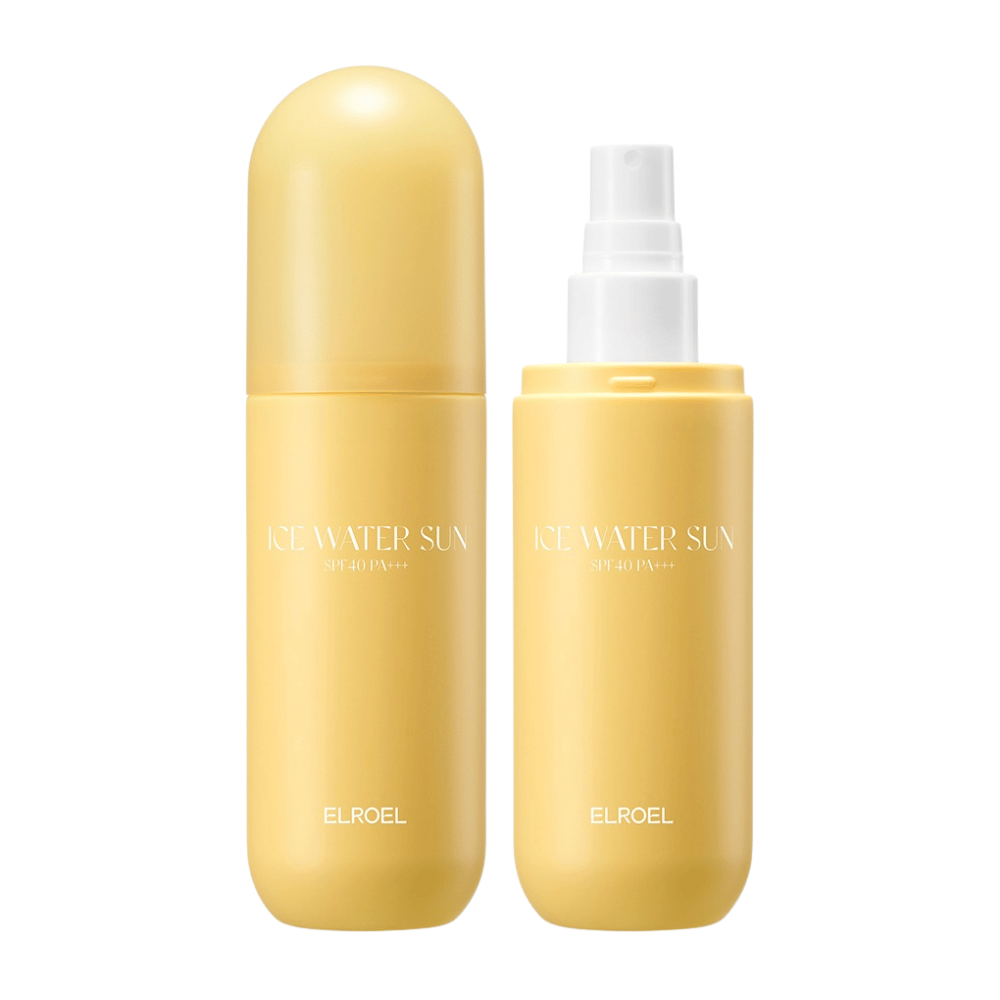 ELROEL Ice Water Sun Mist SPF 40 PA+++ productafbeelding met gesloten en open fles die een praktisch ontwerp toont voor eenvoudige toepassing van zonnebescherming in sprayvorm
