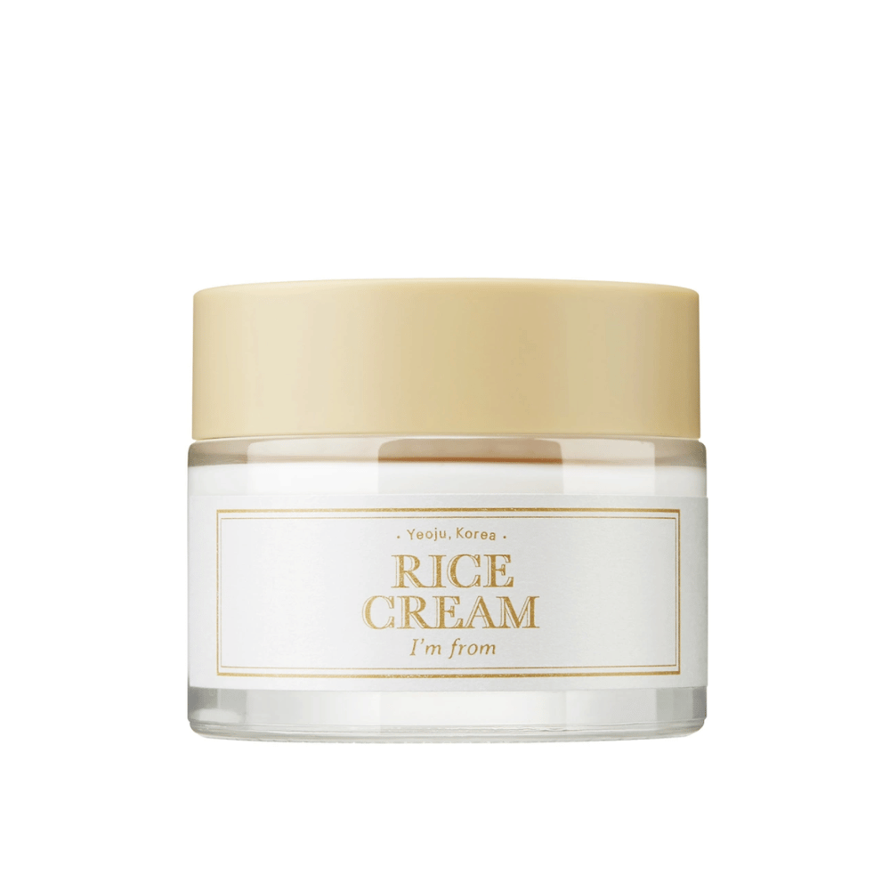Een pot met de tekst "RICE CREAM" en "I'm from" en een verwijzing naar "Yeoju, Korea" op het etiket.