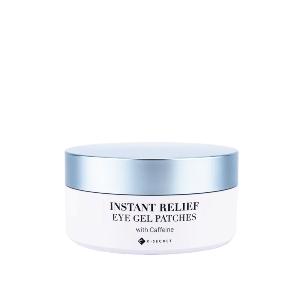 Blik met K-Secret Instant Relief Eye Gel Patches met cafeïne en blauw deksel.