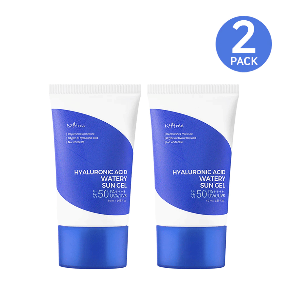 Twee tubes Isntree Hyaluronic Acid Watery Sun Gel Set met SPF 50+ zonnebrandset.