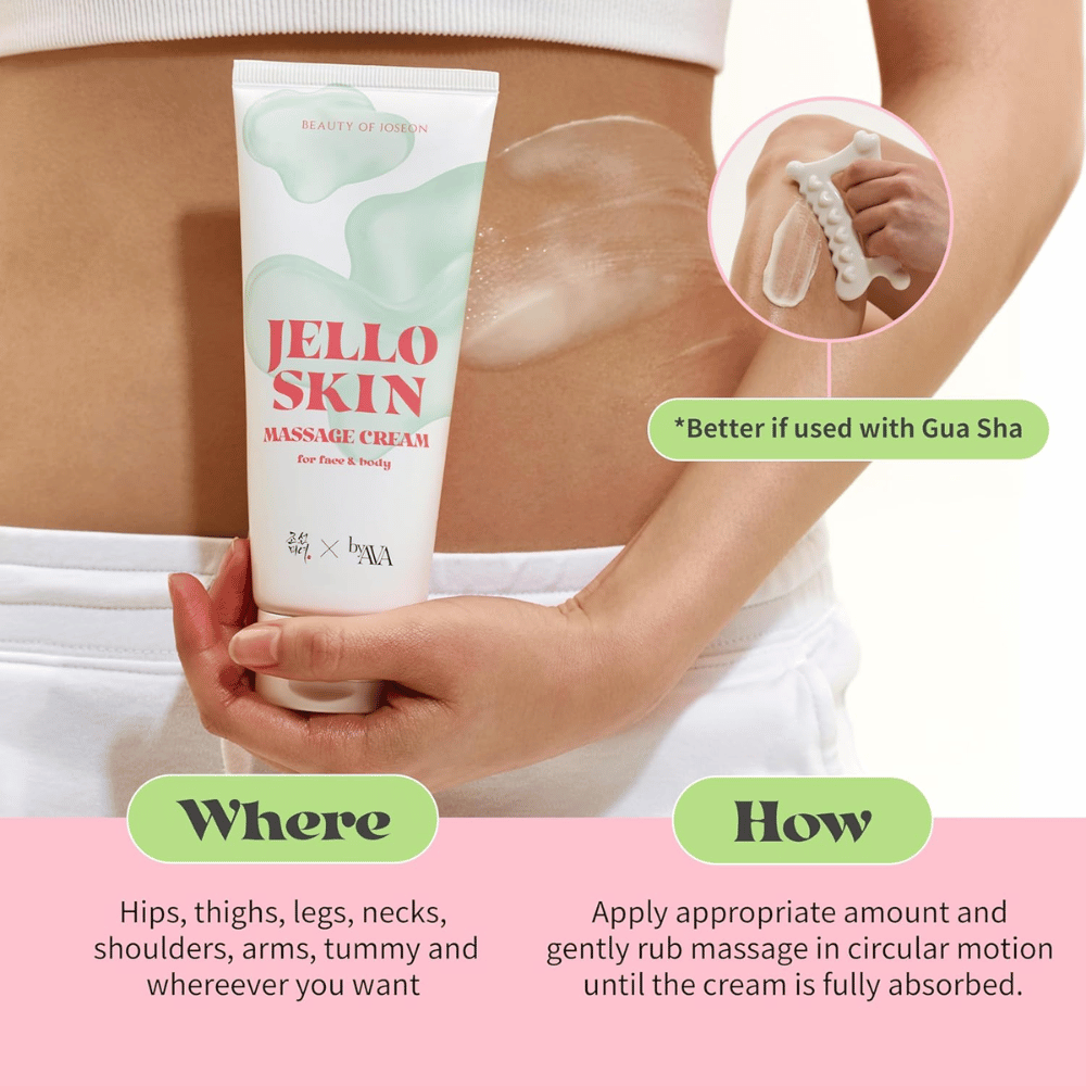 Beauty of Joseon Jello Skin Massage Cream wordt gebruikt op buik en lichaam voor hydraterende massage met een zachte en aangename glijding.