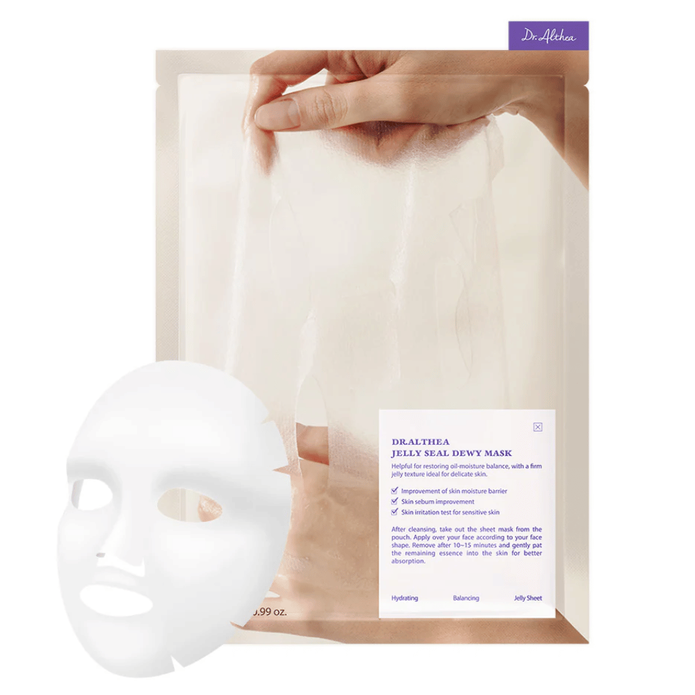 Dr.Althea Jelly Seal Dewy Mask – een hydraterend velmasker met een gelachtige textuur die de vochtbarrière van de huid versterkt, de talgproductie in balans brengt en de gevoelige huid kalmeert.