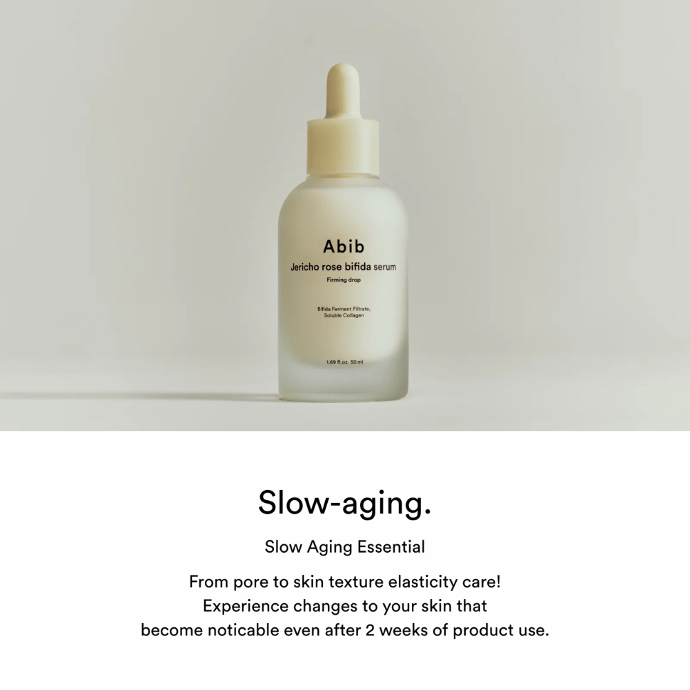 Minimalistische productafbeelding van Abib Jericho Rose Bifida Serum Firming Drop met focus op slow-aging en huidelasticiteit.