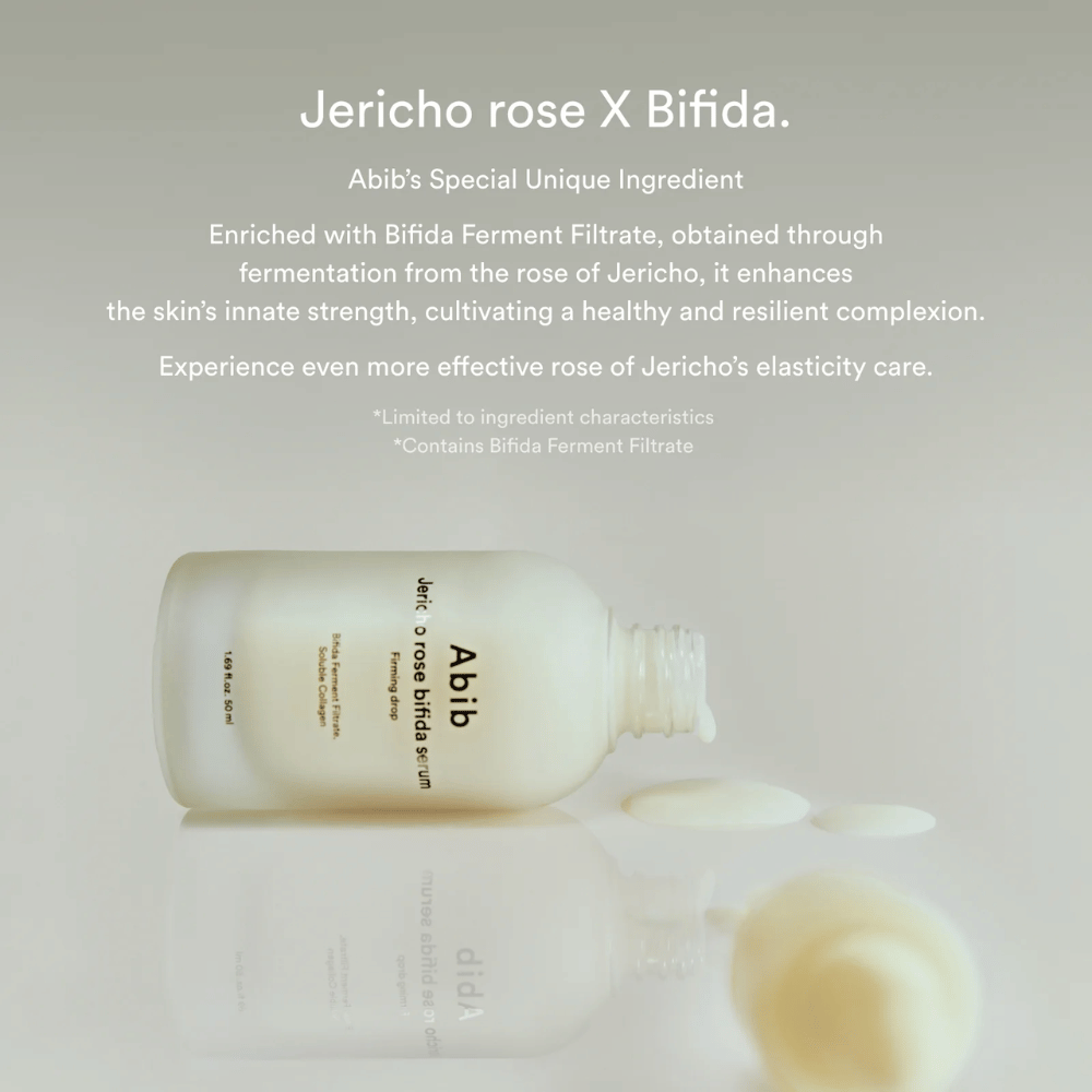 Informatieve afbeelding die de combinatie van Jericho Rose en Bifida Ferment Filtrate voor een sterkere en elastischere huid benadrukt.
