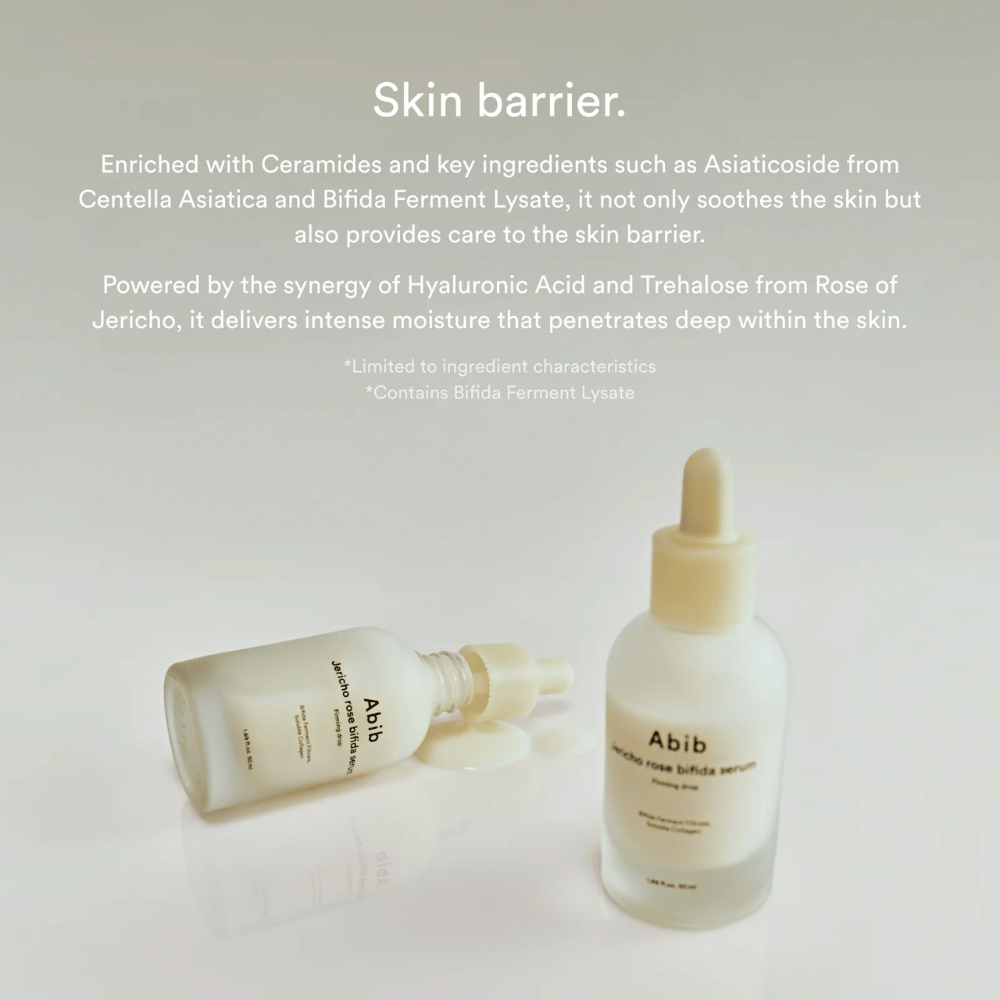 Productafbeelding van Abib Jericho Rose Bifida Serum samen met informatie over de huidbarrière, ceramiden en intensieve hydratatie.