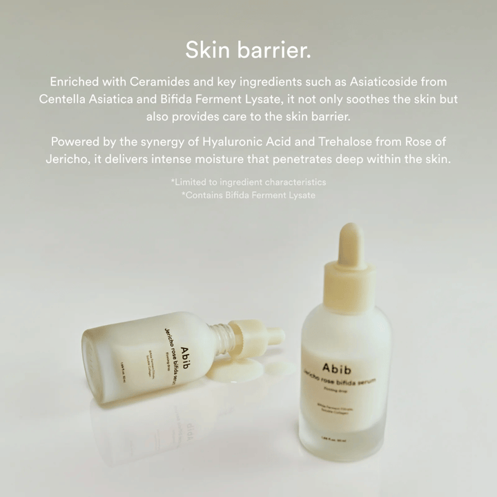 Productafbeelding van Abib Jericho Rose Bifida Serum samen met informatie over de huidbarrière, ceramiden en intensieve hydratatie.